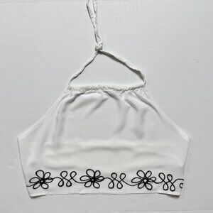 UNBRANDED / White Halter Crop Top / Black Floral Embroidery / Size Small